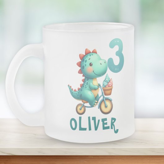かわいい恐竜の自転車 3歳の誕生日 フロストグラスマグカップ