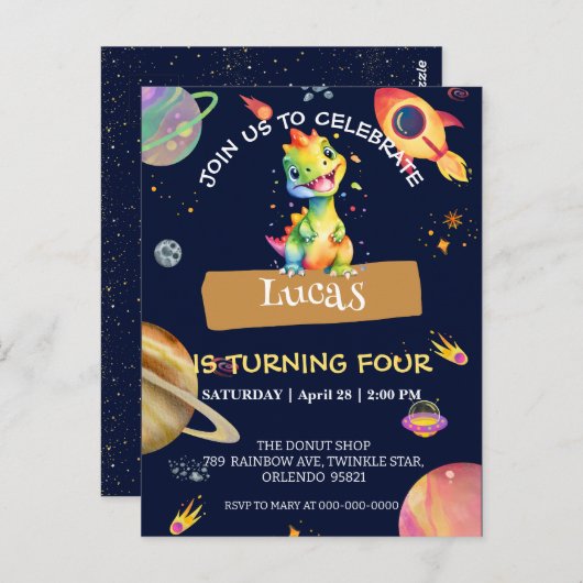 かわいい恐竜の虹色ギャラクシー宇宙誕生日パーティー ポストカード (正面/裏面)