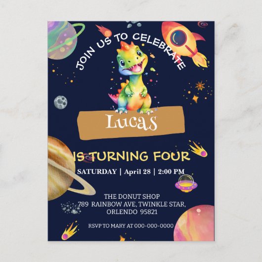 かわいい恐竜の虹色ギャラクシー宇宙誕生日パーティー ポストカード (正面)