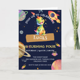 かわいい恐竜の虹色ギャラクシー宇宙誕生日パーティー 招待状