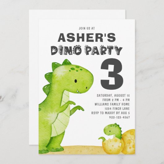 かわいい恐竜の誕生日パーティーの招待状 招待状 (正面/裏面)