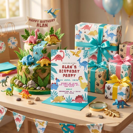 かわいい恐竜の誕生日パーティーへの招待状 サンキューカード