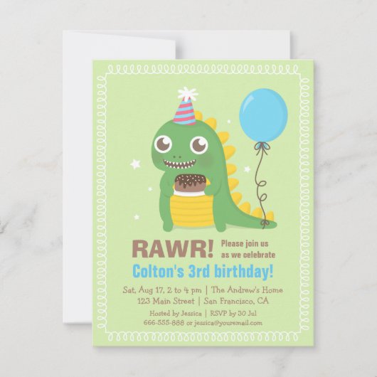 かわいい恐竜の誕生日パーティー招待状 招待状 (正面)