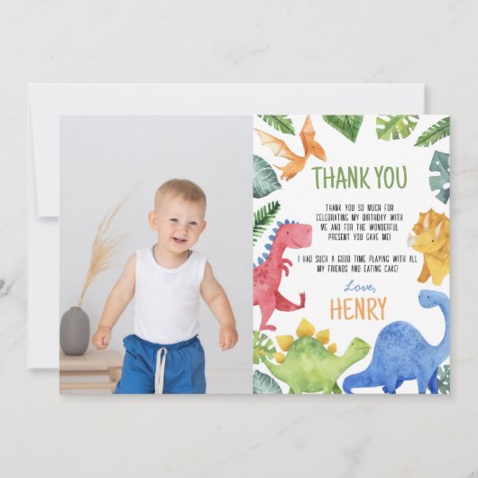 かわいい恐竜の誕生日写真ありがとうカード サンキューカード (正面)