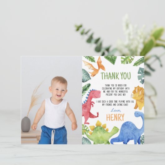 かわいい恐竜の誕生日写真ありがとうカード サンキューカード (スタンド正面)