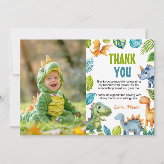 かわいい恐竜の誕生日写真感謝カード サンキューカード (正面)