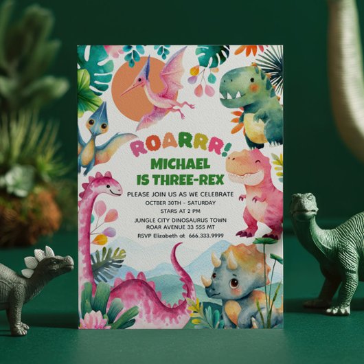 かわいい恐竜の誕生日掘り当て化石パーティー 3歳の誕生日 招待状
