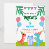 かわいい恐竜の誕生日 風船とプレゼント付き 招待状 (正面/裏面)