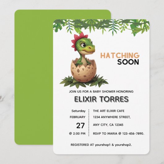 かわいい恐竜の赤ちゃんが孵化する 招待状 (正面/裏面)