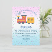 かわいい恐竜の電車とトラックの誕生日パーティー少年NAME 招待状 (スタンド正面)