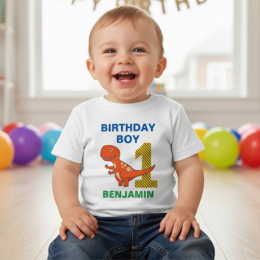 かわいい恐竜の1歳誕生日パーティー ベビーTシャツ