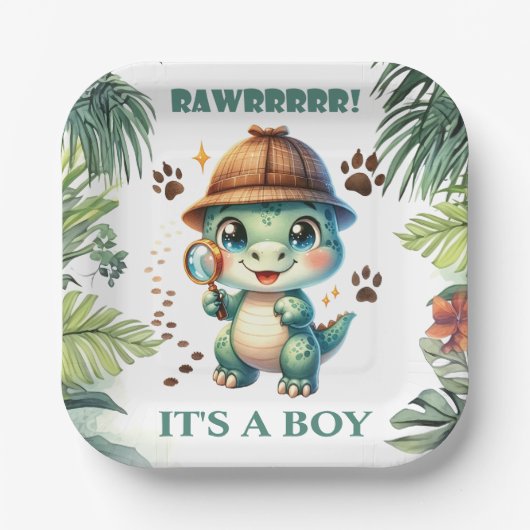 かわいい恐竜をテーマにしたベビーシャワー ペーパープレート (正面)