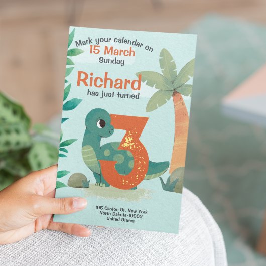 かわいい恐竜をテーマにした子供の誕生日パーティー 招待状