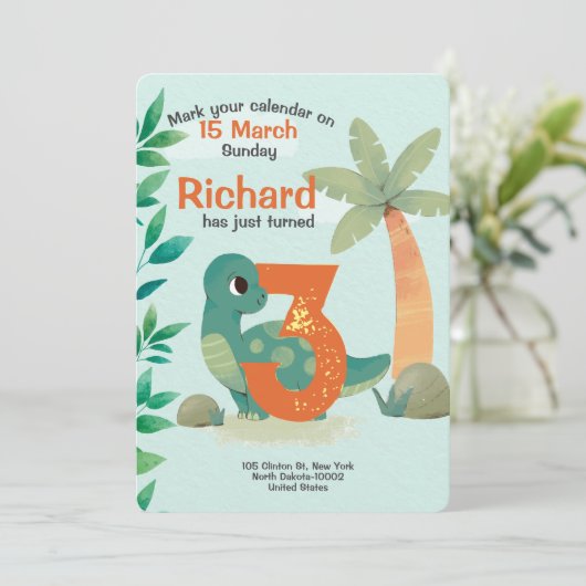 かわいい恐竜をテーマにした子供の誕生日パーティー 招待状 (スタンド正面)