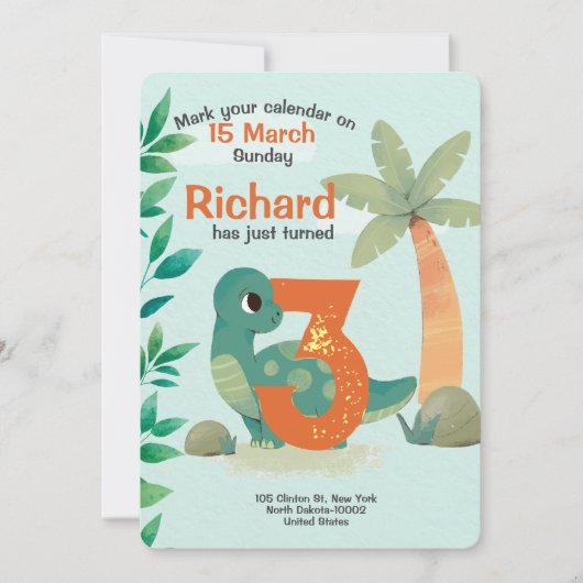 かわいい恐竜をテーマにした子供の誕生日パーティー 招待状 (正面)