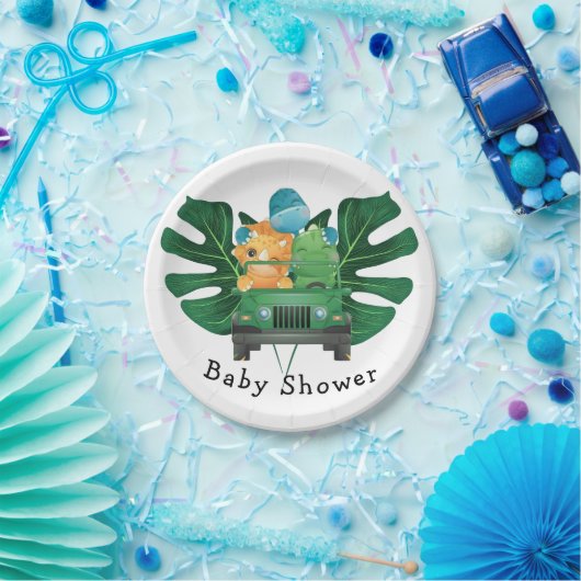 かわいい恐竜サファリ車の少年の赤ちゃんシャワー ペーパープレート (パーティー)