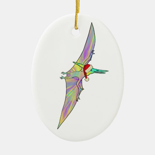 かわいい恐竜サンタ飛んでいる セラミックオーナメント (正面)