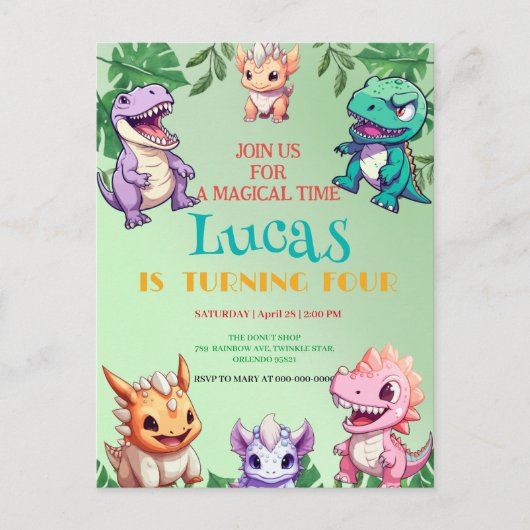 かわいい恐竜ジャングル 学校の子供たちの誕生日パーティー ポストカード (正面)