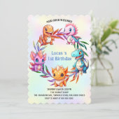 かわいい恐竜ジャングル 学校の子供たちの誕生日パーティー 招待状 (スタンド正面)