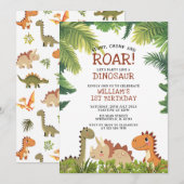 かわいい恐竜ジュラシックグリーンの誕生日パーティー 招待状 (正面/裏面)