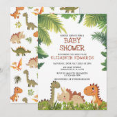 かわいい恐竜ジュラシックグリーンベイビーシャワー 招待状 (正面/裏面)