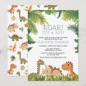 かわいい恐竜ジュラシックグリーンベイビーシャワー 招待状 (正面/裏面)