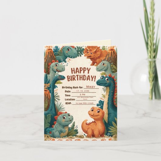 かわいい恐竜テーマの子供の誕生日パーティーの招待状 招待状 (正面)