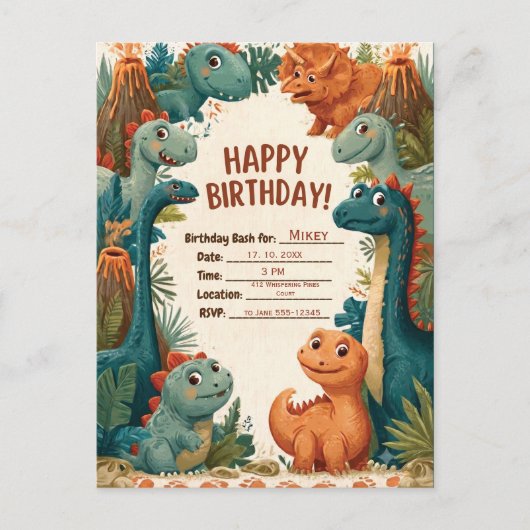かわいい恐竜テーマの子供の誕生日パーティーの招待状 案内ポストカード (正面)