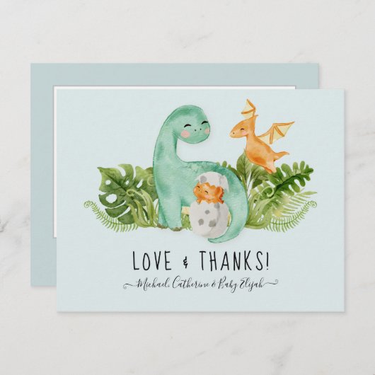 かわいい恐竜ディノサンキュー男の赤ちゃんシャワー サンキューカード (正面/裏面)