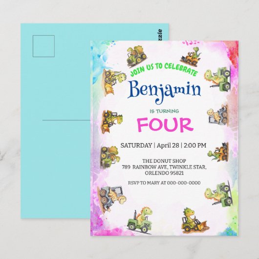 かわいい恐竜トラクター レインボー B2S 学校 誕生日 ポストカード (正面/裏面)