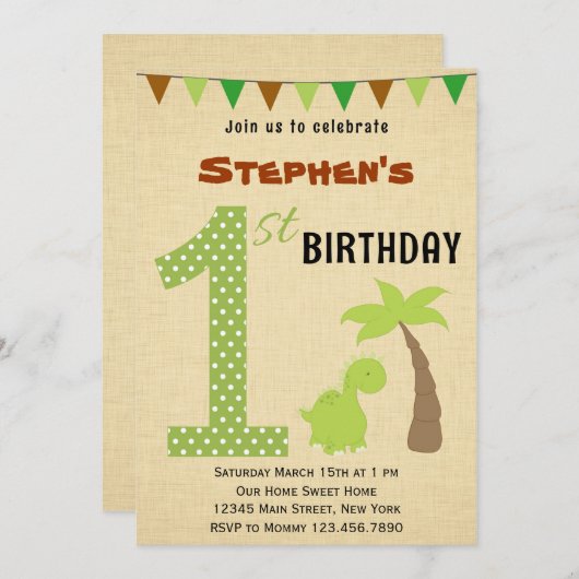 かわいい恐竜ファースト誕生日招待状 招待状 (正面/裏面)