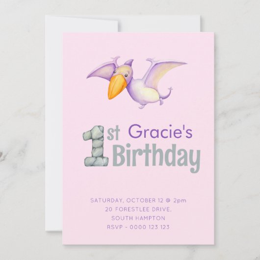 かわいい恐竜プテロダクティル1歳の誕生日パーティー女子 招待状 (正面)