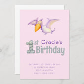 かわいい恐竜プテロダクティル1歳の誕生日パーティー女子 招待状 (正面/裏面)