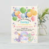 かわいい恐竜ユニコーンレインボードーナツ風船模様 招待状 (スタンド正面)