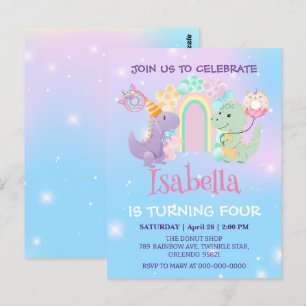かわいい恐竜ユニコーンレインボーバルーン誕生日子供 ポストカード