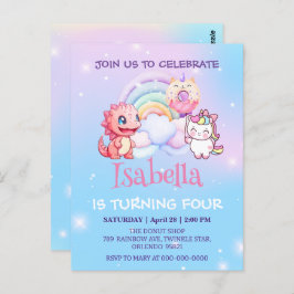 かわいい恐竜ユニコーンレインボーバルーン誕生日子供 ポストカード