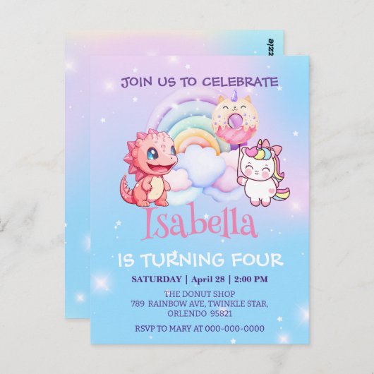 かわいい恐竜ユニコーンレインボーバルーン誕生日子供 ポストカード (正面/裏面)