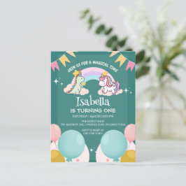 かわいい恐竜ユニコーンレインボーバルーン誕生日 ポストカード