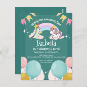 かわいい恐竜ユニコーンレインボーバルーン誕生日 ポストカード (正面/裏面)