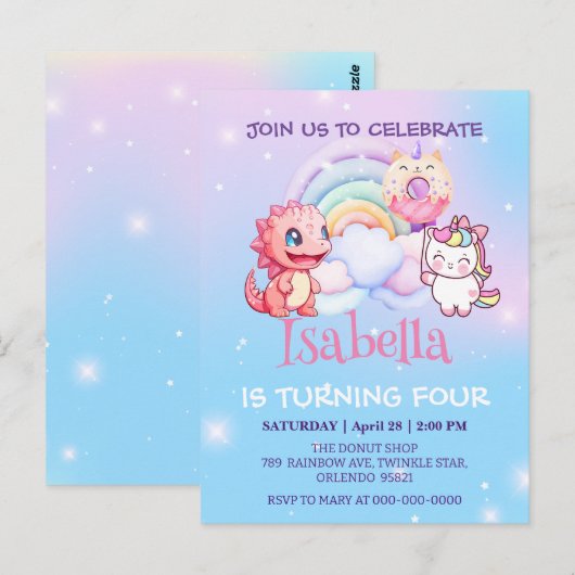 かわいい恐竜ユニコーンレインボー風船誕生日子供 ポストカード (正面/裏面)