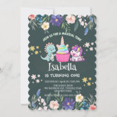 かわいい恐竜ユニコーン虹のフローラ誕生日の子供 招待状 (正面)