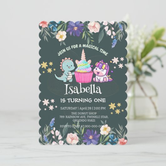 かわいい恐竜ユニコーン虹のフローラ誕生日の子供 招待状 (スタンド正面)