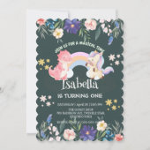 かわいい恐竜ユニコーン虹のフローラ誕生日の子供 招待状 (正面)