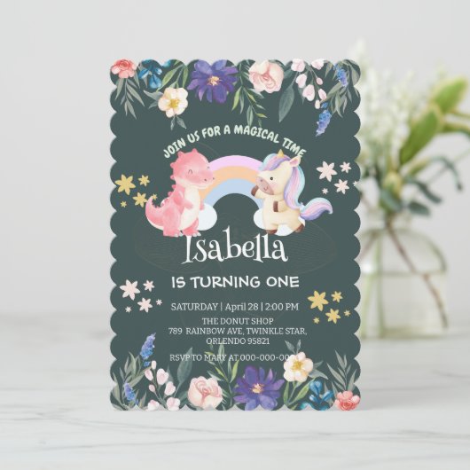 かわいい恐竜ユニコーン虹のフローラ誕生日の子供 招待状 (スタンド正面)