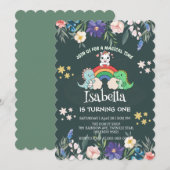 かわいい恐竜ユニコーン虹のフローラ誕生日の子供 招待状 (正面/裏面)