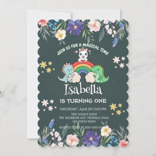 かわいい恐竜ユニコーン虹のフローラ誕生日の子供 招待状 (正面)