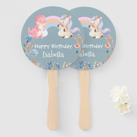 かわいい恐竜ユニコーン虹の花の誕生日の子供 ハンドファン (正面&裏面)