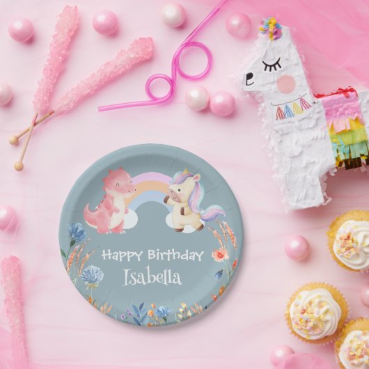 かわいい恐竜ユニコーン虹の花の誕生日の子供 ペーパープレート (パーティー)