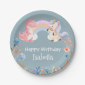 かわいい恐竜ユニコーン虹の花の誕生日の子供 ペーパープレート (正面)