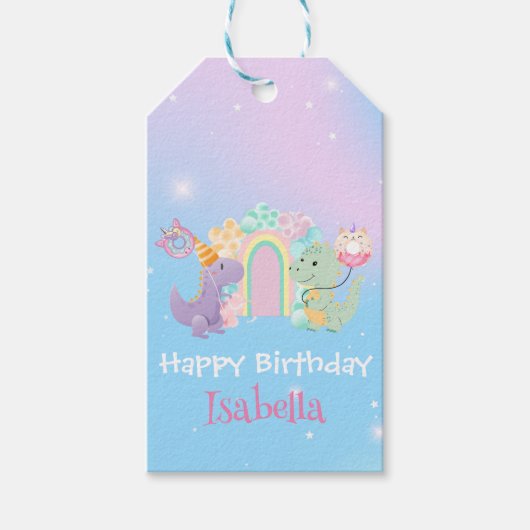 かわいい恐竜ユニコーン虹バルーン誕生日kid ギフトタグ (正面)
